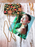 کیف مجلسی و کلاچ زنانه دست دوز_ مدل گل بهار_ حریر گل برجسته سرمه دوزی شده
