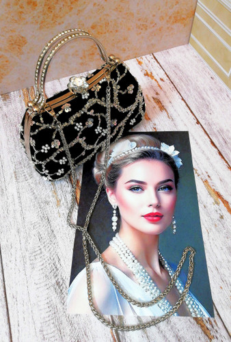 کیف زنانه مجلسی دستدوز و دست ساز جنس پارچه تور کارشده با پولک و منجوق و مروارید