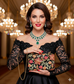 کیف مجلسی و کلاچ زنانه دست دوز_ مدل گل بهار_ حریر گل برجسته سرمه دوزی شده