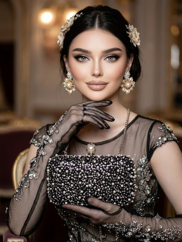 کیف مجلسی و کلاچ زنانه دست دوز_ مدل درین سپید و سیاه_ تور فول مروارید و منجوق و پولک