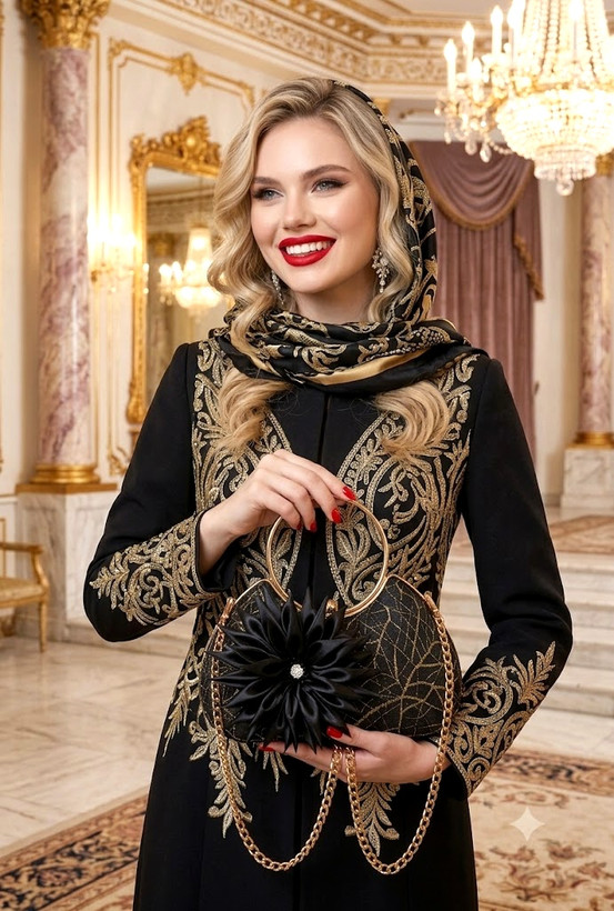 کیف مجلسی و کلاچ زنانه دست دوز_ مدل گلرخ_ گیپور شاخه طلایی تزئین شده با گل دستساز ساتن