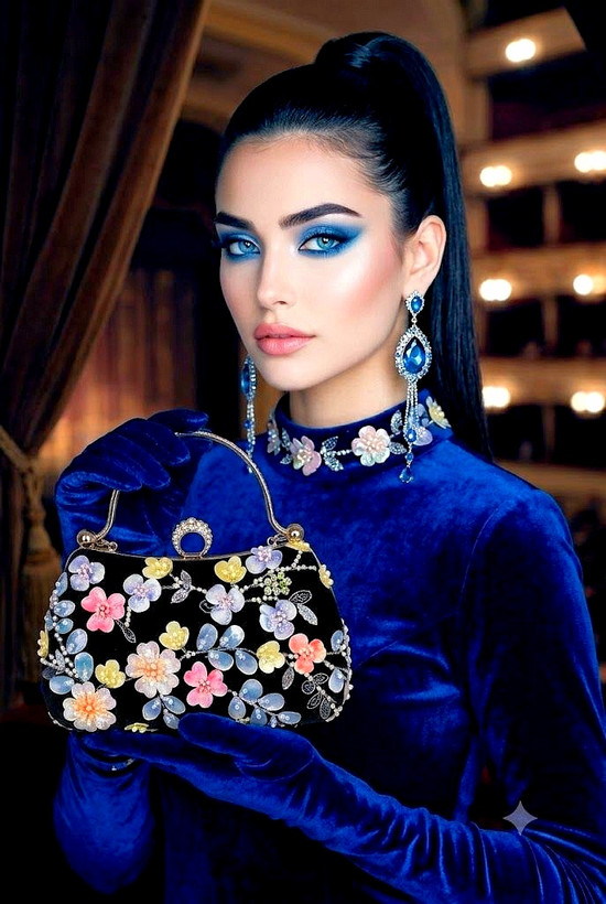 کیف مجلسی و کلاچ زنانه دست دوز_ مدل گلفام سورمه ای_ تور روباندوزی