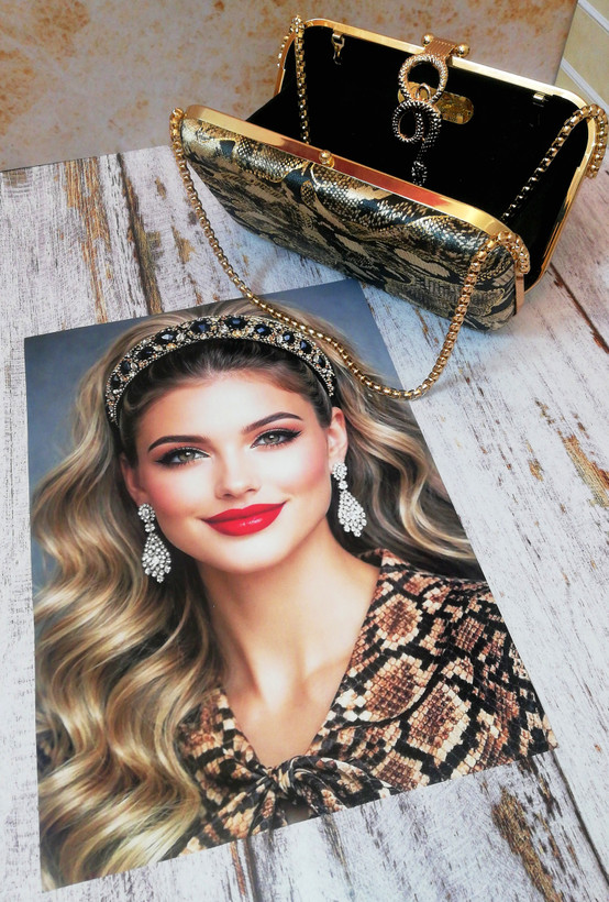 کیف مجلسی و کلاچ زنانه دست دوز_ مدل کبرا_ مخمل اعلا زرکوب طرح پوست مار