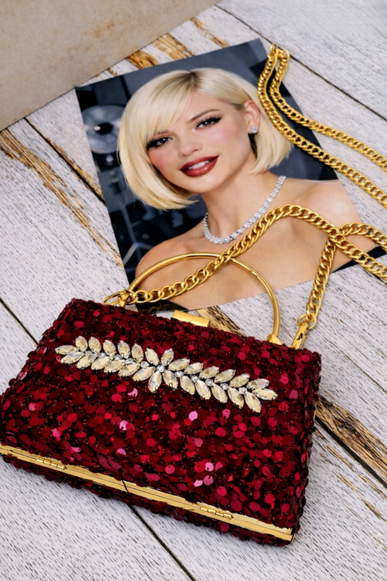 کیف مجلسی و کلاچ زنانه دست دوز_ مدل نور دخت(آلبالویی)_ مخمل اعلا پولک دوزی شده