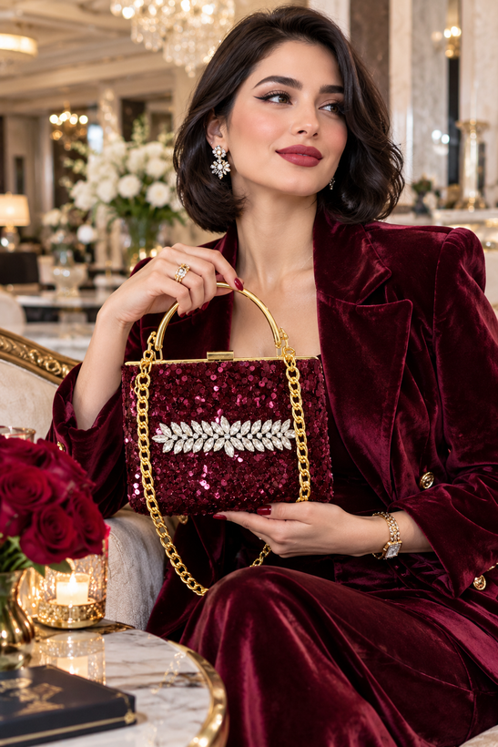 کیف مجلسی و کلاچ زنانه دست دوز_ مدل نور دخت(آلبالویی)_ مخمل اعلا پولک دوزی شده