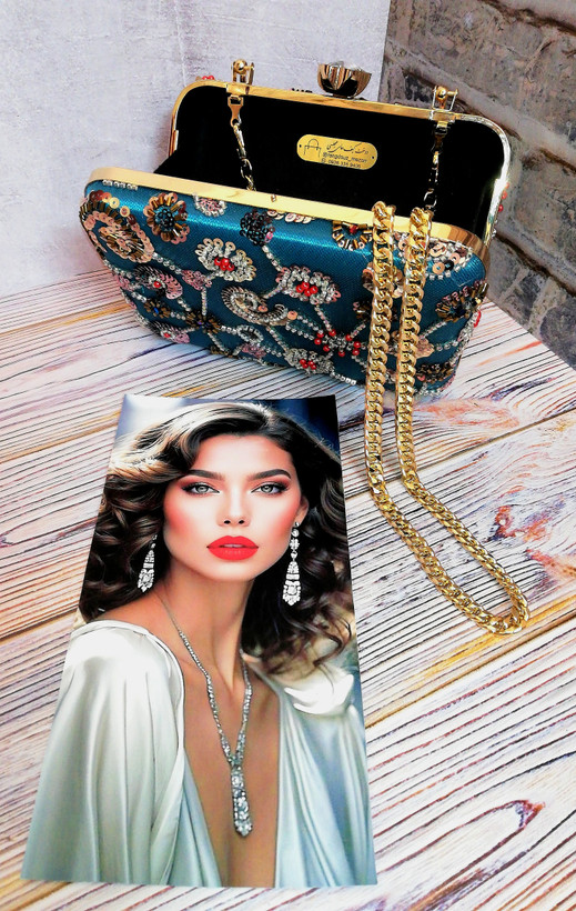 کیف مجلسی و کلاچ زنانه دست دوز_ مدل دریا_ تور فول جواهر دوزی شده